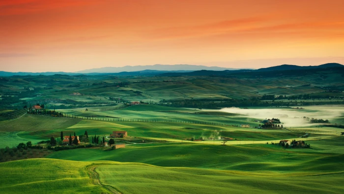 green grass field and village painting landscape nature mountains 2k 4k