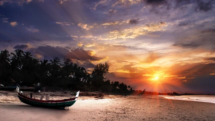 green wooden boat sunset nature beach nautical vessel transportation 2k 4k