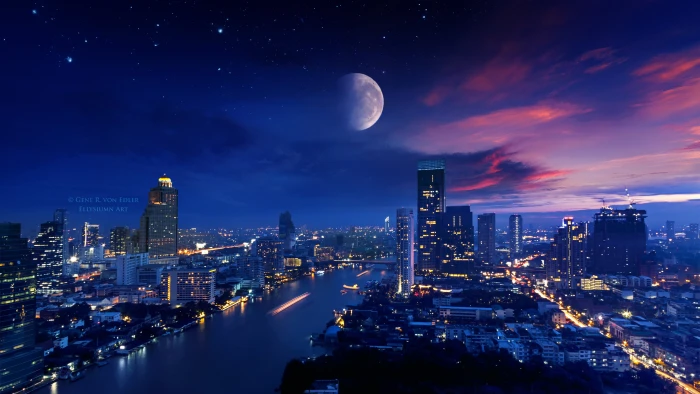 landscape cityscape Ellysiumn Moon city lights digital art 2k 4k