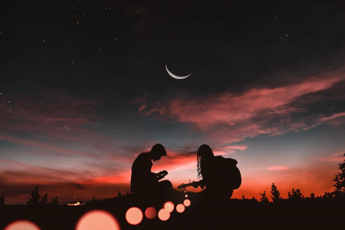 man and woman silhouette silhouettes couple guitar sunset 2k 4k 5k