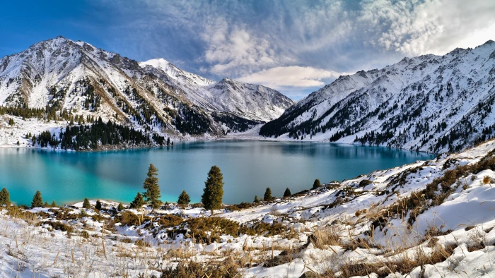 nature sky mountains winter lake Big Almaty Lake landscape 2k