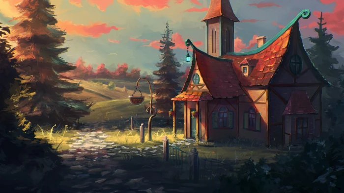 painting sky fantasy art dreamy cottage tree home house 2k 4k