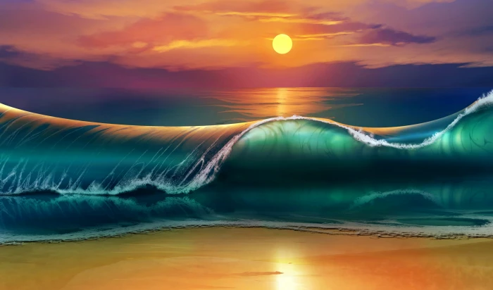 sea wave during daytime illustration art sunset beach waves 2k 4k 5k