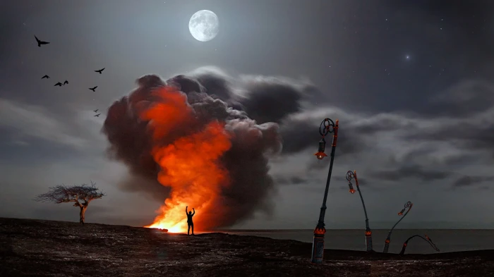 silhouette of person standing near flame under full moon digital wallpaper 2k