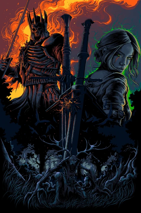swordswoman and skeleton illustration digital art artwork portrait display 2k