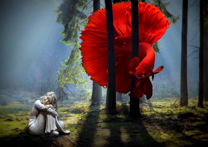 woman near red betta fish forest dark light statue dreamy 2k 4k