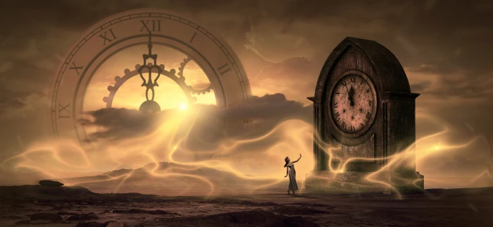 woman standing in front of clock digital wallpaper fantasy time 2k 4k 5k