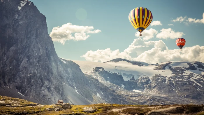 yellow and red hot air balloons landscape nature mountains 2k 4k