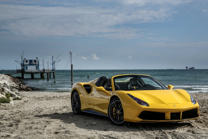 yellow Ferrari Italia convertible coupe spider side view 2k 4k