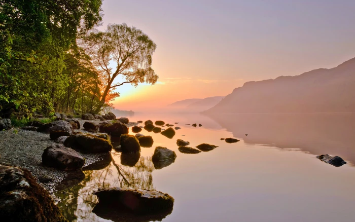 Yellow Sunset Twilight Lake Rocks Calm Water Tilted Tree Mountains Hd Desktop Wallpaper For Mobile Phones Tablet And Laptop 2k 4k