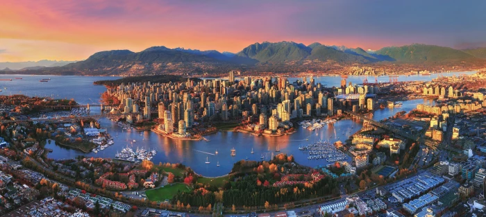 aerial photography of city Vancouver sunset landscape lake 2k