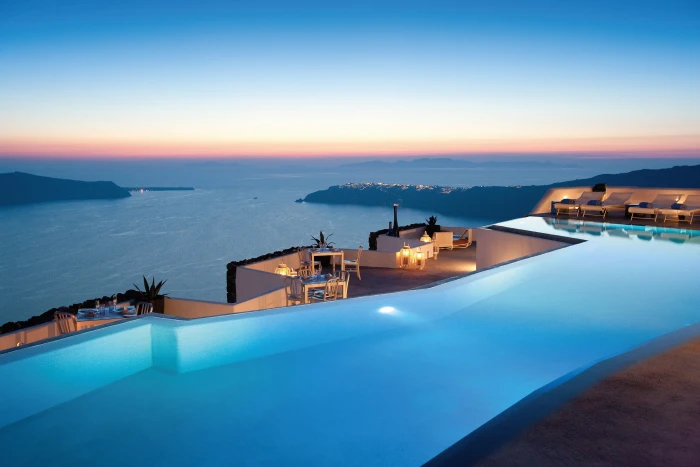 blue swimming p pool Santorini Greece island sea 2k 4k 5k