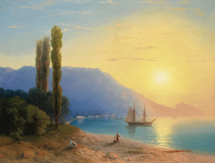 green trees near boat and beach painting ivan alvazovsky landscape 2k 4k