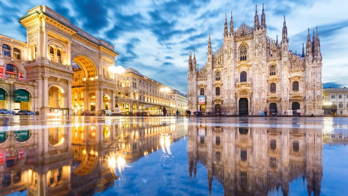 italy arch puddle lombardy milan europe building cathedral 2k 4k