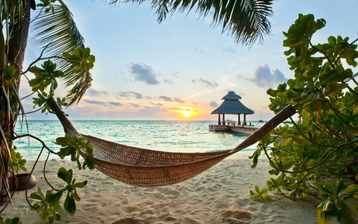 Maldives Tropical Sunsets Sea Sand Beach holiday palm nature wallpaper for desktop and mobile phone 2k 4k