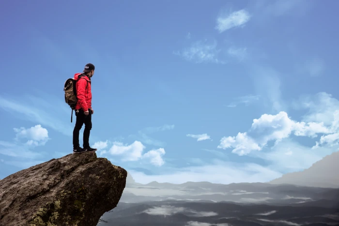 Man Standing on Cliff Photography adult adventure backpacker 2k 4k 5k