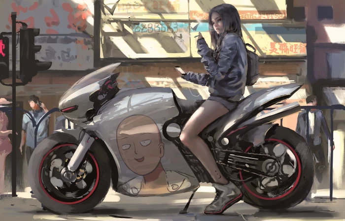 silver sports bike woman wearing black leather jacket WLOP 2k 4k