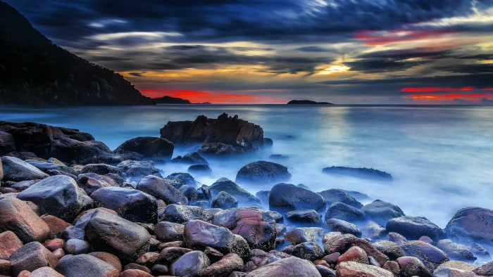 stones nature shore sea water sky coast rock twilight 2k 4k