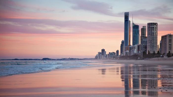 Tall City Buildings Near Beach Shore during Sunset architecture 2k 4k 5k
