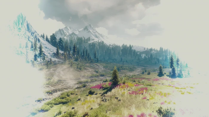 The Witcher 3 Wild Hunt painting mountains trees snow 2k 4k
