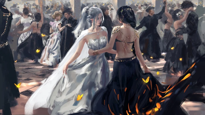 two woman dancing painting WLOP drawing digital art artwork 2k 4k