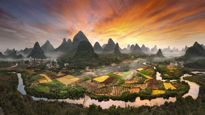 Village Zhouzhai China Photo Landscape Sunset Flaming Sky Desktop Hd Wallpapers For Mobile Phones And Computer 2k 4k