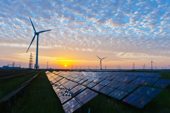 windmills near solar panel boards electricity sun forces of nature 2k 4k