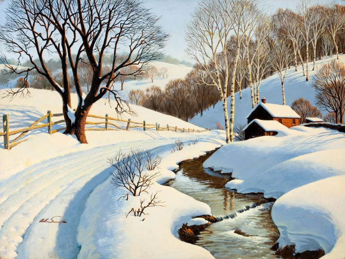 Winter scenery painting stream house road trees snow 2k