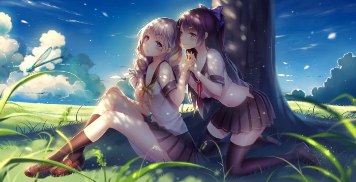 anime girls school uniform trees thigh highs houkai gakuen guns girlz kiana kaslana raiden mei nature blushing brunette white hair 2k 4k 5k