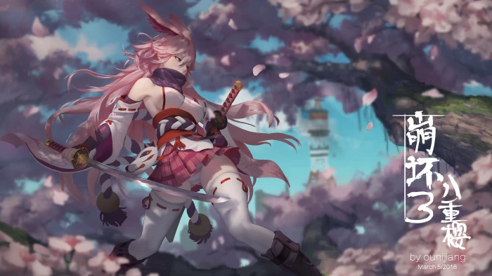 anime girls Honkai Impact plant tree nature focus on foreground 2k 4k 5k 8k