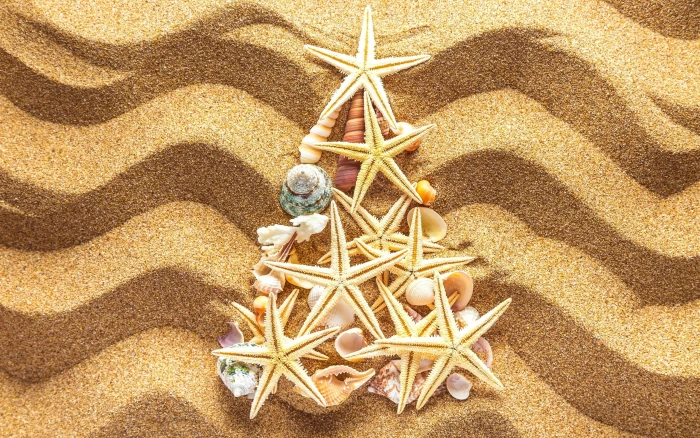 Beach sands seashells starfish Christmas tree and seashell triangular decor 2k