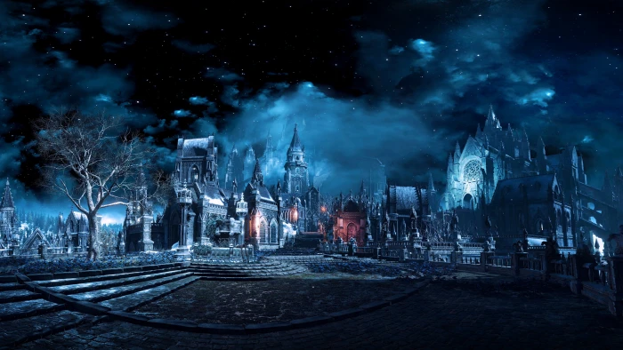 blue haunted castle Dark Souls III night video games 2k 4k