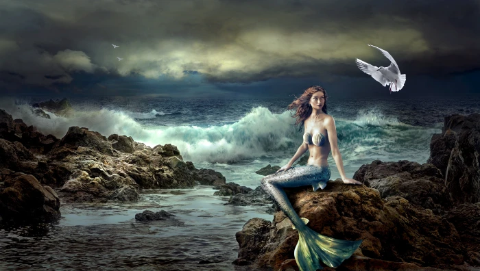 blue mermaid sitting on brown rock painting fantasy mystical 2k 4k 5k