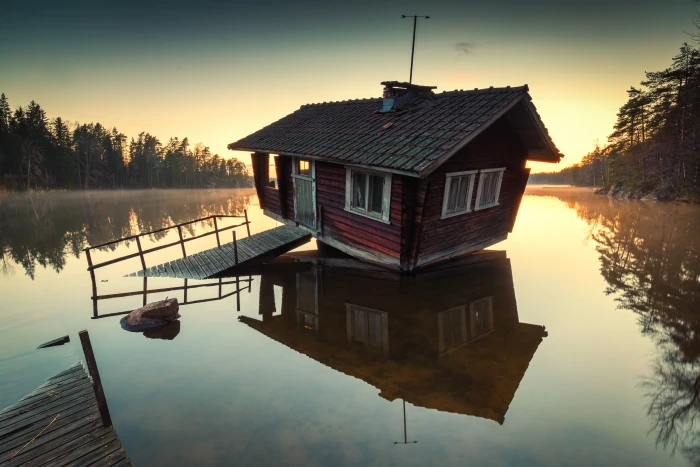 brown wooden cabin and black house on body of water 2k 4k 5k