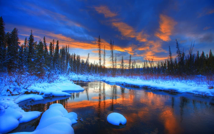 Hazel Creek Near The Village Of Teslin Yukon Territory Canada Reflection Orange Clouds At Sunset Landscape Nature Desktop Wallpaper Hd 2k 4k