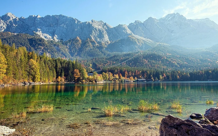 Lake Eibsee clear body of water mountains rocks reflection 2k