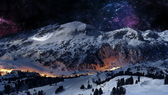 nature sky snow winter starry mountain range 2k 4k