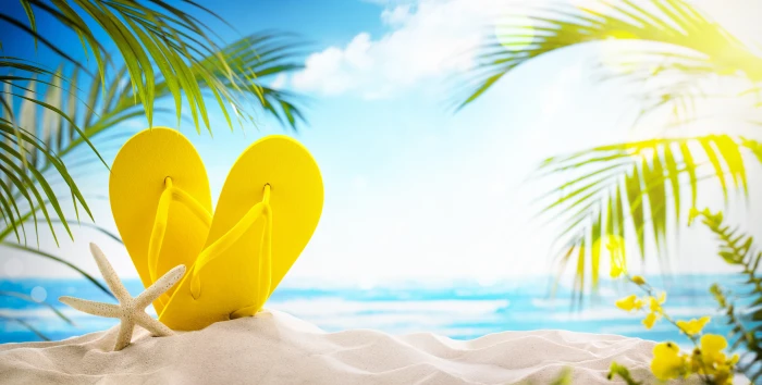 pair of yellow flip flops sand sea beach summer the sun 2k 4k 5k