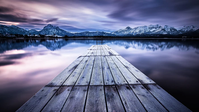 pier mountain lake alps range ammergau tannheim 2k 4k