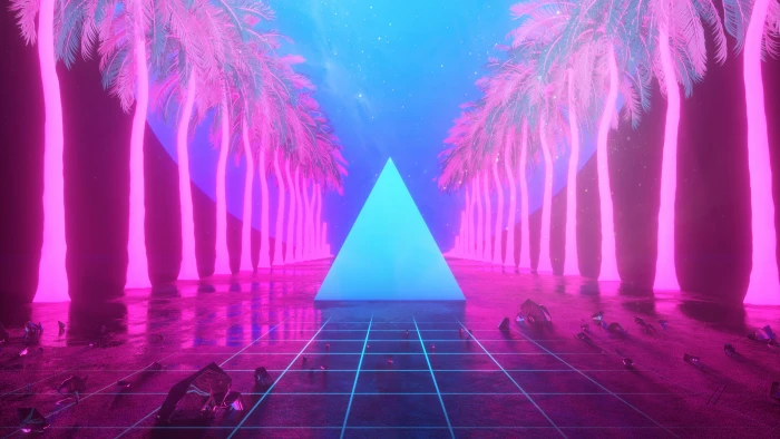 Retro style vaporwave abstract palm trees pyramid post modernism 2k 4k
