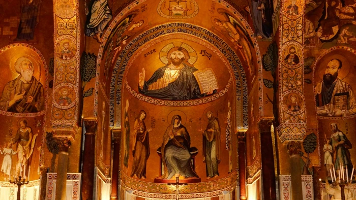 scenery of cathedral church mural painting fresco saint 2k 4k