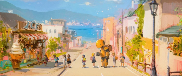 street robot beach sea children anime ultrawide ultra wide 2k