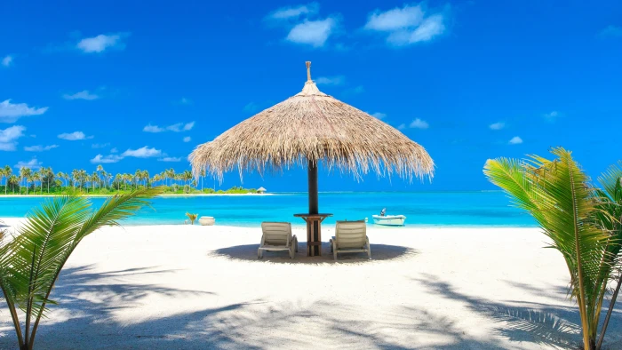 sunbed blue sky parasol sandy beach summer time 2k 4k