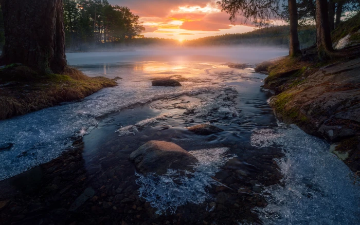 Sunrise First Sun Rays Frozen Creek Trondheim Norway Landscape Nature Ultra Hd Wallpaper For Desktop Laptop Tablet Mobile Phones And Tv 2k 4k