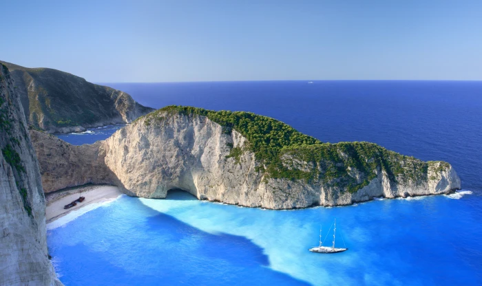 white boat beach clouds rocks island Greece The Ionian sea 2k 4k 5k