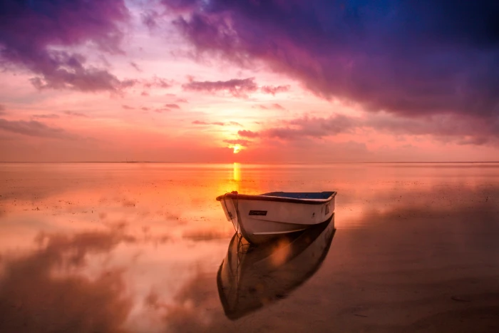 White Row Boat on Body of Water beach dawn HD wallpaper nature 2k 4k 5k