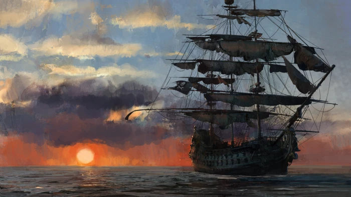 galleon ship game pirate sunset flag 2k 4k 5k
