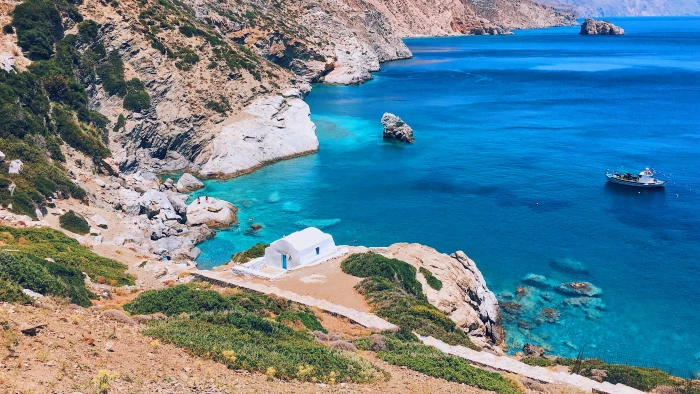 greece amorgos rocks ocean beach blue church water sea 2k 4k