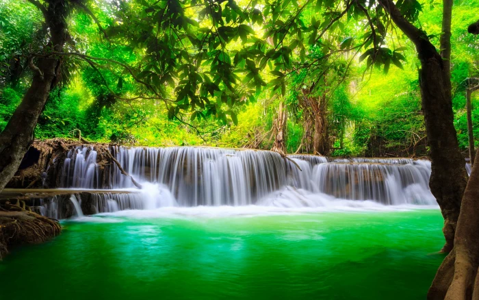 Green River Waterfall Kanchanaburi Thailand Beautiful Background For Mobile Phones Tablet And Laptop 2k 4k