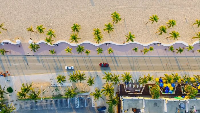 high angle photography of two red and white vehicles on concrete road between trees buildings at daytime aerial near beach during 2k 4k